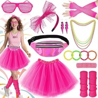 Akcesoria Kostium Przebranie Różowe Lata 80 Retro Disco Spódnica Neonowe