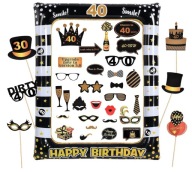 DEKORACJA NA 40 URODZINY RAMKA FOTO BOOTH CZARNO ZLOTA REKWIZYTY IMPREZA