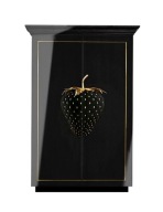 PIĘKNA CZARNO ZŁOTA WITRYNA SZAFA Z DUŻĄ TRUSKAWKĄ