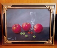 TRZY JABŁKA -OBRAZ OLEJNY NA PŁÓTNIE-48X38