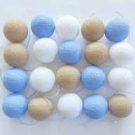 Cotton Balls Beżowy Błękitny Biały Girlanda Lampki Kule 20 LED Na Baterie