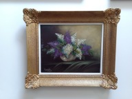 Bukiet bzu w wazonie przepiękny antyczny obraz z XIX w - Neppel - 70cm/60cm