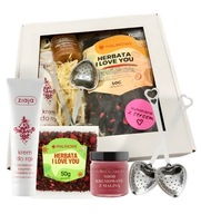 GOTOWY PREZENT ZESTAW WALENTYNKI DZIEŃ KOBIET SERDUSZKA MIÓD HERBATA KREM