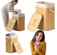 DUŻY KOSZ NA PRANIE Z POKRYWĄ BAMBUSOWY SKŁADANY WOLNOSTOJĄCY DREWNIANY