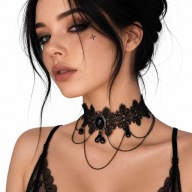 Choker Koronkowy Goth Czarny Naszyjnik Łańcuszki Vintage