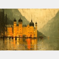 Żółty pałac hotel zamek góry abstrakcja obraz olejny na płótnie 55x80 art