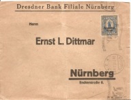 RZESZA NIEMIECKA -koperta firmowa -DRESDNER BANK -NORYMBERGA -obieg 1922 r