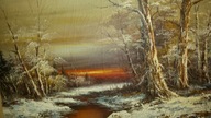 DUZY OBRAZ OLEJNY na PLOTNIE . 'WINTER LANDSCAPE-SUNSET' R.SUTHERLAND, USA