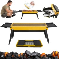 GRILL WĘGLOWY TURYSTYCZNY KEMPINGOWY Z PÓŁKAMI STALOWY RUSZT 56x19cm PIKNIK