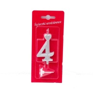 Brokatowa świeczka perłowa/srebrna z sercem cyfra 4 cztery