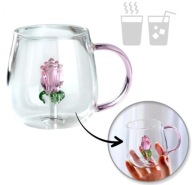Szklanka ze szklanym tulipanem w środku, różowa rączka 400ml