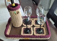 Zestaw do serwowania wina szydełkowa taca podkładki torebka na wino prezent