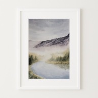 Akwarela rzeka we mgle,mglisty pejzaż, ręcznie malowany 23x31 cm,oryginał