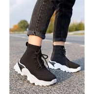 Czarne trampki wysokie na platformie skarpety sznurowane buty sportowe 41