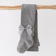 SZARE rajstopy z kokardkami wizytowe prążkowane ciepłe rajtki 86-92 1-2L