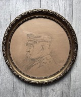 Stary portret - Józef Piłsudski , piękna okrągła rama ....