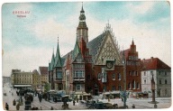 WROCŁAW BRESLAU RYNEK RATUSZ PRĘGIERZ TRAMWAJ DOROŻKI KRAMY 1907