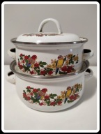 Dwa stare emaliowane garnki z pokrywkami ptaki