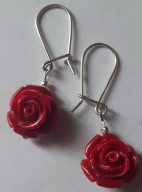 Retro*srebrne kolczyki hand made : koral - czerwona róża ,srebro 925