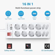 PRZEDŁUŻACZ LISTWA ZASILAJĄCA 12 GNIAZD 2 USB-C 2 USB-A OCHRONA 1,5M