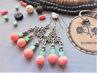 FOLK kolczyki koralowa lawa miętowy turkus zielony hematyt BlackberriesArt