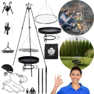 TRÓJNÓG GRILL OGRODOWY WĘGLOWY WISZĄCY DUŻY RUSZT 60CM CHROMOWANY PALENISKO