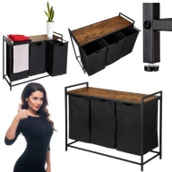 KOSZ NA PRANIE Z PÓŁKĄ DUŻY CZARNY METALOWY TRZYKOMOROWY WOLNOSTOJĄCY