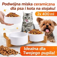 Podwójna miska ceramiczna dla psa i kota na stojaku 2x400ml biała zestaw