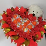 Bukiet serce 43 cm Kinder Joy czerwono-złoty miś słodki prezent Walentynki