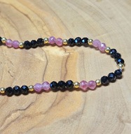 Bransoletka czarny i różowy turmalin + hematyt na gumce