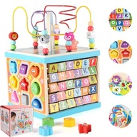 DREWNIANY SORTER EDUKACYJNY KOSTKA ALFABET KOLOROWY MONTESSORI Z LABIRYNTEM