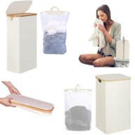SKŁADANY KOSZ NA PRANIE WĄSKI WĄSKI BAMBUSOWY Z POKRYWĄ 63L WYSOKI + TORBA