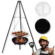 GRILL WĘGLOWY OGRODOWY TRÓJNÓG WISZĄCY PALENISKO RUSZT DUŻY REGULOWANY 2W1