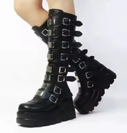 Gotyckie Kozaki Damskie z Klamrami na Platformie – Styl Punk/Moto/Cosplay