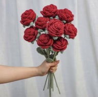 Kwiat Sztuczny Materiałowy Róża Czerwona na szydełku idealna na prezent