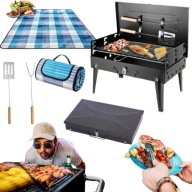 ZESTAW GRILL WĘGLOWY OGRODOWY TURYSTYCZNY WALIZKA SKŁADANY PRZENOŚNY + KOC