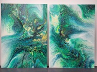 Złoty smok, abstrakcja, farby akrylowe, złoto, dyptyk, aukcja charytatywna