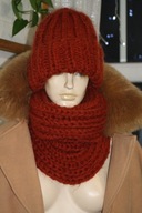 KOMPLET CZAPKA wywijana golf RĘKODZIEŁO MOHER rudy cegla