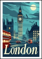 A2 KOLOROWY PLAKAT OBRAZ LONDYN NOCĄ, LONDON ANGLIA, BIG BEN, VINTAGE RETRO