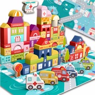 DREWNIANE KLOCKI EDUKACYJNE MIASTECZKO KONSTRUKCYJNE PUZZLE ZESTAW 115 EL.