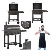 GRILL WĘGLOWY OGRODOWY ŻELIWNY RUSZT KOMIN Z POKRYWĄ POPIELNIK + TERMOMETR