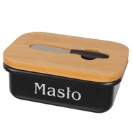 MASELNICZKA ZE STALI NIERDZEWNEJ CZARNA Z DREWNIANĄ POKRYWKĄ + NÓŻ