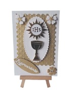 ZAPROSZENIA KOMUNIA UNIWERSALNE IHS SŁONECZKO KIELICH C6 ZŁOTO – BIEL