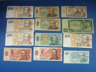 12 banknotów 10, 20 , 200, 50, 100 Koron Czechosłowacja ZESTAW