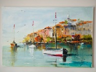 Obraz olejny "Żaglówka w marinie"