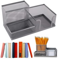 ORGANIZER PRZYBORNIK NA BIURKO SREBRNY METALOWY DŁUGOPISY KARTECZKI SIATKA