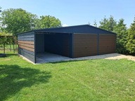 Garaż blaszany 6x6 + wiata 3x6 dwuspadowy dach, grafit + orzech mat