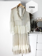 Jedwabna kremowa sukienka plumetti midi Sandro S kropki falbanki boho silk