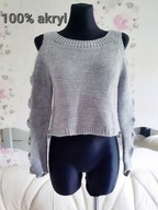 SWETER SZARY PRĄŻKOWANY ODKRYTE RAMIONA CROP TOP vintage retro modna