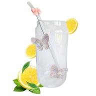 Szklanka wysoka ze słomką, MOTYLKI róż 500 ml, 1 szt-